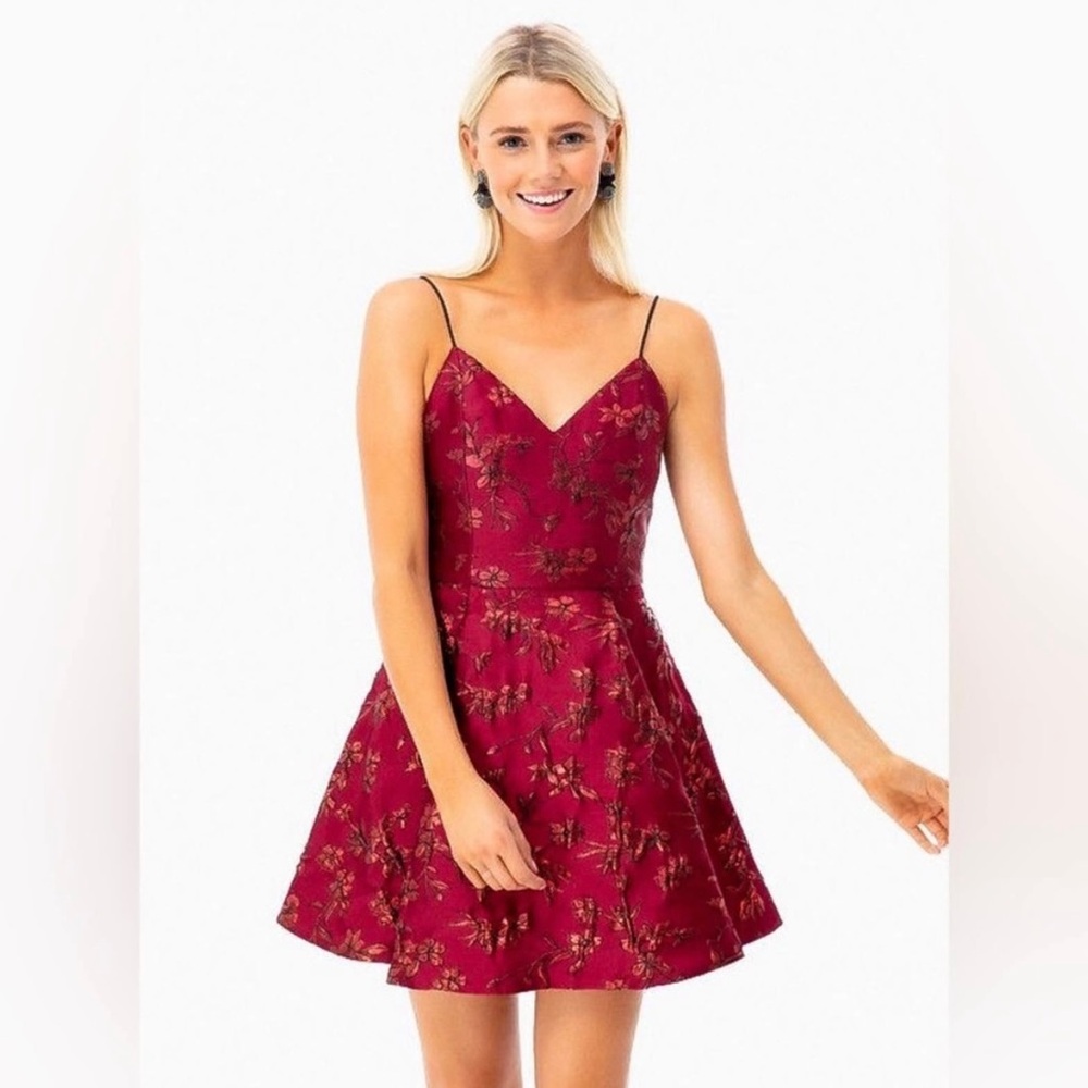 Alice + Olivia Anette jacquard mini party dress in Bordeaux red